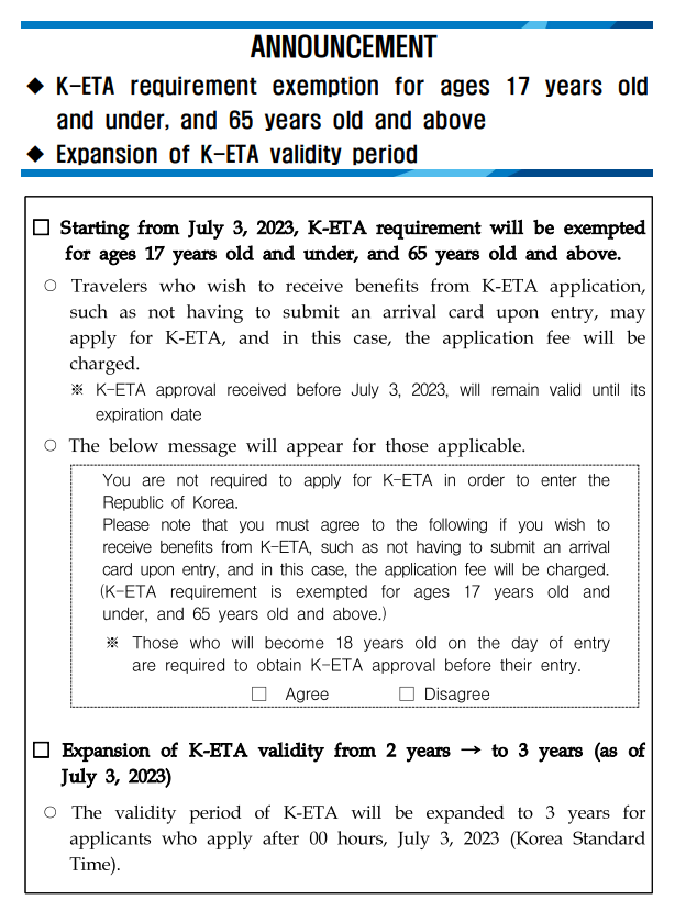 K-ETA Requirement Exemption(ages 17 years old and under, and 65 years old and above) and  Expansion of validity period