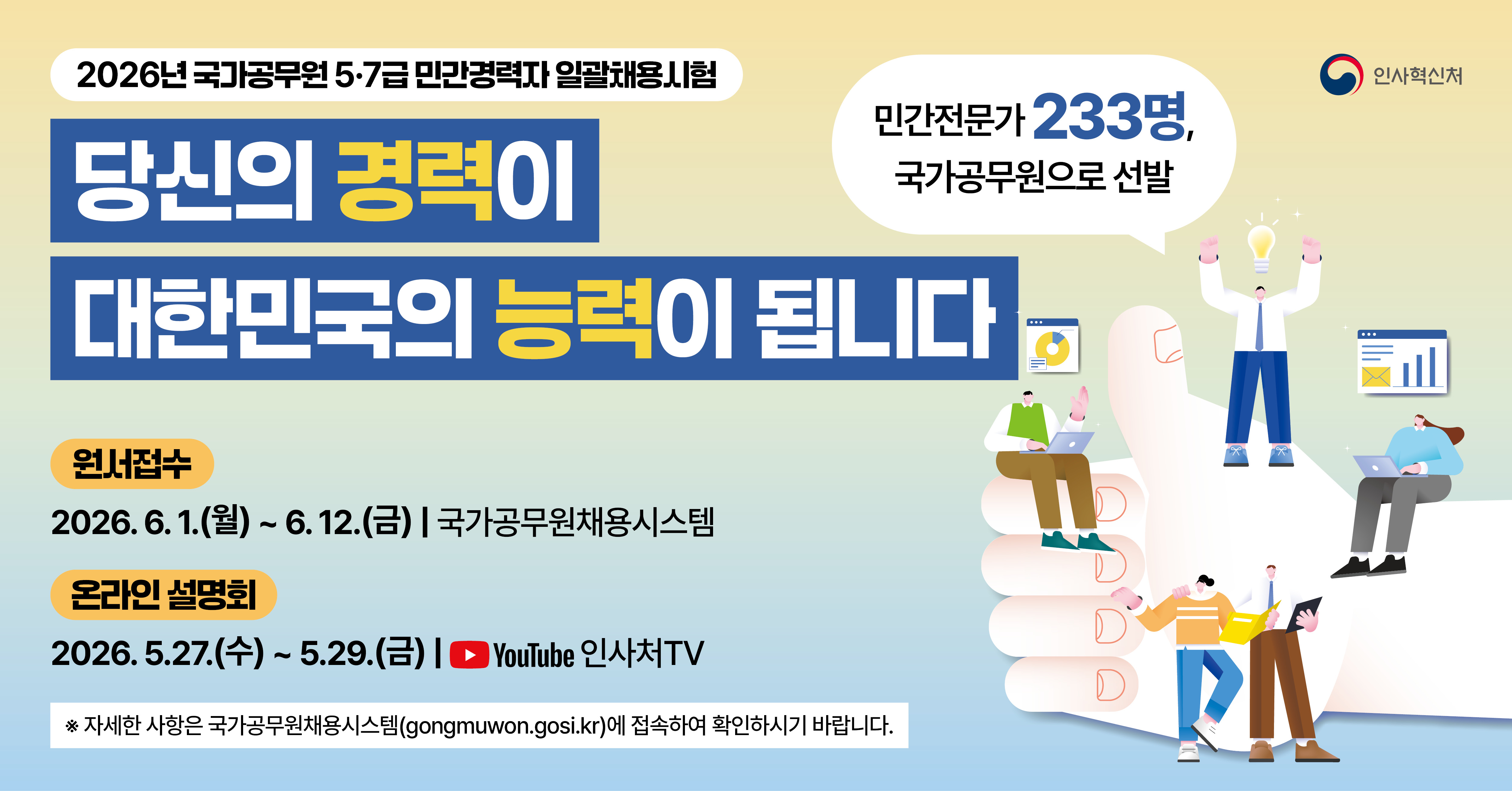 [인사혁신처] 2026년도 국가공무원 5·7급 민간경력자 일괄채용시험 (2026.6.1.(월) ~ 12.(금))
