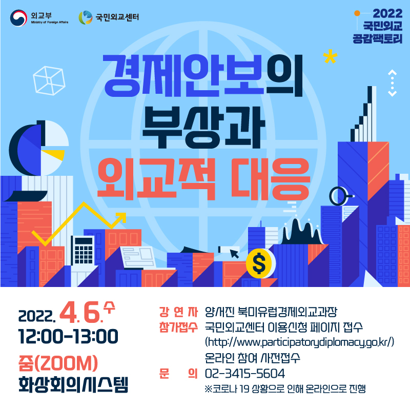 외교부 국민외교센터 2022 국민외교 공감팩토리
경제안보의 부상과 외교적 대응
2022.4.6.수 12:00-13:00 줌(ZOOM)화상회의시스템
강연자 양서진 북미유럽경제외교과장
참가접수 국민외교센터 이용신청 페이지 접수 (http://www.participatorydiplomacy.go.kr)
온라인 참여 사전 접수
문의 02-3415-5604 ​※코로나 19상황으로 인해 온라인으로 진행