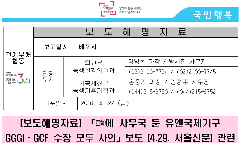 관계부처 합동 보도해명자료 
 보도일시
 배포시
담당
부서
외교부
녹색환경외교과
 김남혁 과장 / 박세진 사무관
 (02)2100-7794 / (02)2100-7745
기획재정부
녹색기후기획과
 손웅기 과장 / 김정주 사무관
 (044)215-8750 / (044)215-8752
배포일시
 2016. 4. 29.(금) 

[보도해명자료] 「韓에 사무국 둔 유엔국제기구 GGGI·GCF 수장 모두 사의」보도 (4.29. 서울신문) 관련