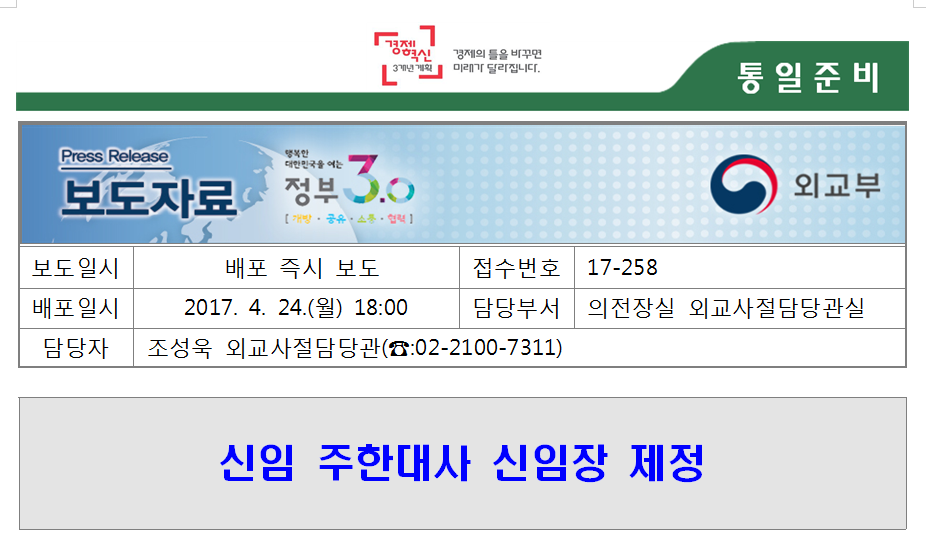 17-258 신임 주한대사 신임장 제정