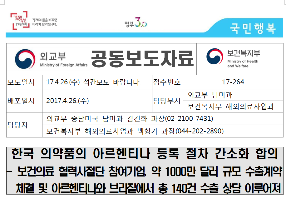 17-264 한국 의약품의 아르헨티나 등록 절차 간소화 합의