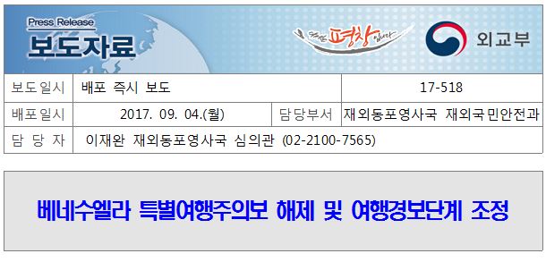 17-518 (베네수엘라 특별여행주의보 해제 및 여행경보단계 조정)