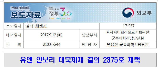 17-537, 유엔 안보리 대북제재 결의 2375호 채택